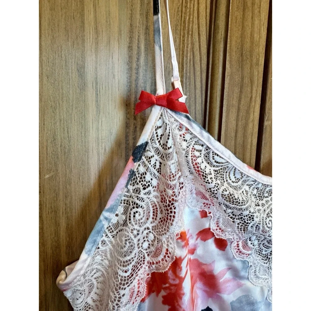 Y2K Babydoll Romantic Oriental Floral‎ Print Lace Satin Slip Lingerie Dress M